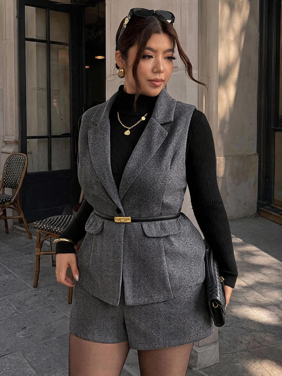 Firerie Plus Size Button Vest Jacket And Shorts Suit Set Elegant Office Business Work Suit Set For Women Fall/Winter Elegant Daily Going Out Suit Set Women - Dark Grey - View 1