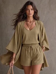 Solivie Women's Spring/Autumn Set, Solid Color Camisole Top, Shorts And Long Robe, Casual Daily Wear, Office Outfit - Khaki - View 2