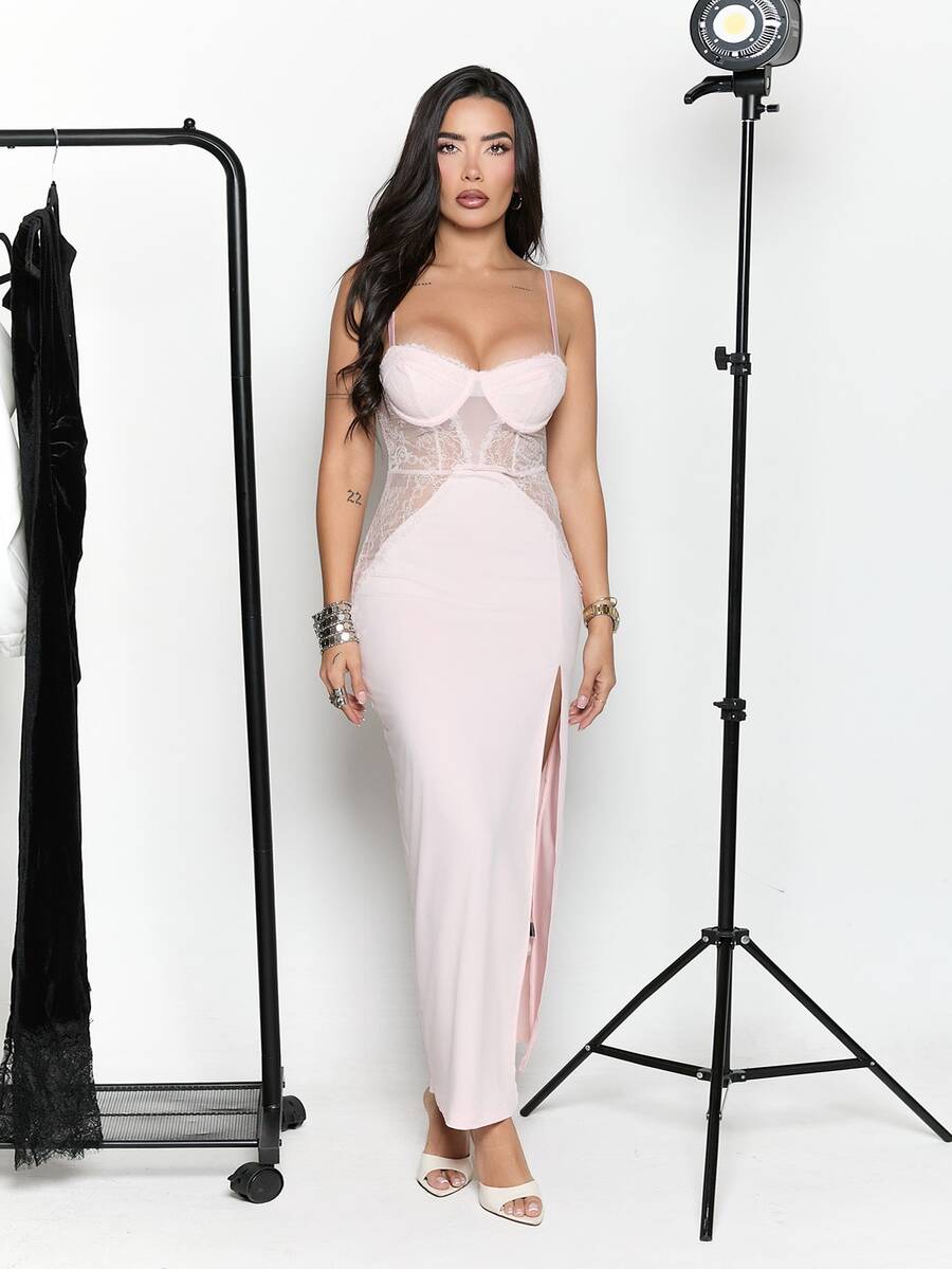 Dania Mndz Shop Gaun Maxi Wanita Warna Pink Muda Terang untuk Musim Panas, Gaun Korset Seksi untuk Pesta, Pernikahan, dan Klub, Dilengkapi dengan Bra Terintegrasi - Baby Pink - View 1