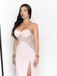 Dania Mndz Shop Gaun Maxi Wanita Warna Pink Muda Terang untuk Musim Panas, Gaun Korset Seksi untuk Pesta, Pernikahan, dan Klub, Dilengkapi dengan Bra Terintegrasi - Baby Pink - View 4