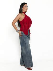 Dania Mndz Shop Women's Elegant Multi-Layer Ruffle Trim Stand Collar Fitted Tank Top Party Night Dark Red Summer - Red - View 5