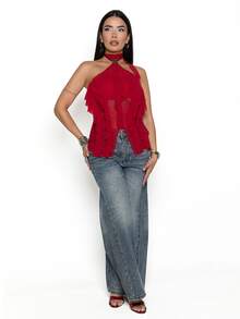 Dania Mndz Shop Women's Elegant Multi-Layer Ruffle Trim Stand Collar Fitted Tank Top Party Night Dark Red Summer - Red - View 6