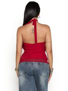 Dania Mndz Shop Women's Elegant Multi-Layer Ruffle Trim Stand Collar Fitted Tank Top Party Night Dark Red Summer - Red - View 2