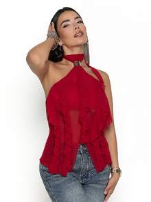 Dania Mndz Shop Women's Elegant Multi-Layer Ruffle Trim Stand Collar Fitted Tank Top Party Night Dark Red Summer - Red - View 1