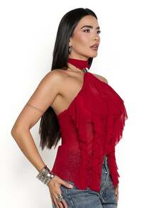 Dania Mndz Shop Women's Elegant Multi-Layer Ruffle Trim Stand Collar Fitted Tank Top Party Night Dark Red Summer - Red - View 4