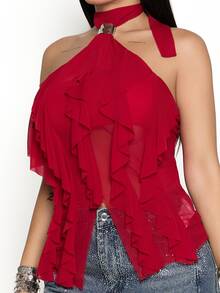 Dania Mndz Shop Women's Elegant Multi-Layer Ruffle Trim Stand Collar Fitted Tank Top Party Night Dark Red Summer - Red - View 3