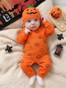 SHEIN Infant Halloween Pumpkin Ghost Print Ribbed Long Sleeve Footed Romper Family Matching Photoshoot Burnt Orange Autumn Cute Funny - Orange - View 1