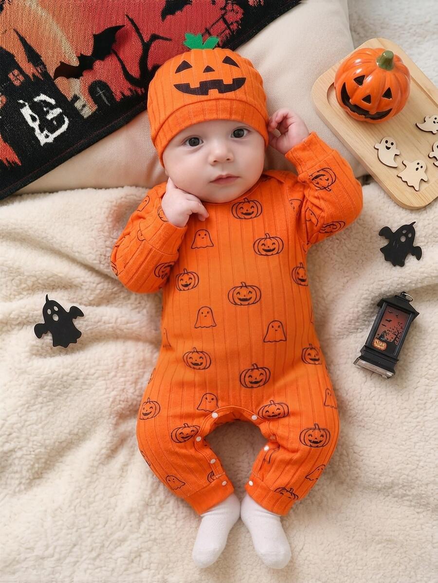 SHEIN Infant Halloween Pumpkin Ghost Print Ribbed Long Sleeve Footed Romper Family Matching Photoshoot Burnt Orange Autumn Cute Funny - Orange - View 1
