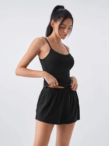 Loungeista 女士镂空爱心提花睡衣套装，U领蕾丝吊带背心和短裤休闲舒适家居服两件套，春夏款 - 黑色 - 查看 5