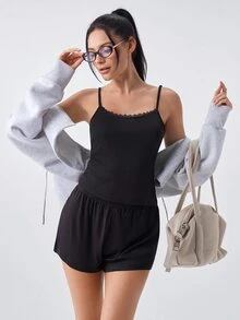 Loungeista 女士镂空爱心提花睡衣套装，U领蕾丝吊带背心和短裤休闲舒适家居服两件套，春夏款 - 黑色 - 查看 7