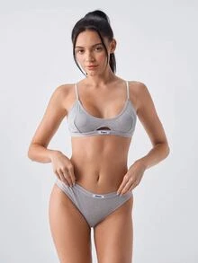 Loungeista Women's Lace Strap Bra And Triangle Panty Casual Daily Lingerie Set - Grey - View 3