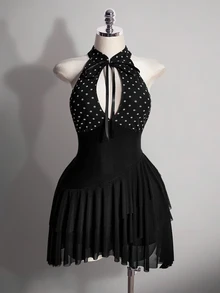 SHEIN ICON Plus Size Women's Polka Dot Print Cutout Design Ruffle Hem Sexy Halter Neck Dress - Black and White - View 4