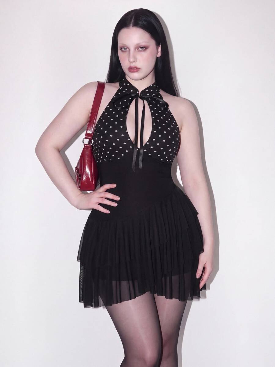 SHEIN ICON Plus Size Women's Polka Dot Print Cutout Design Ruffle Hem Sexy Halter Neck Dress - Black and White - View 1
