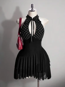 SHEIN ICON Plus Size Women's Polka Dot Print Cutout Design Ruffle Hem Sexy Halter Neck Dress - Black and White - View 2