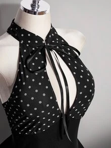 SHEIN ICON Plus Size Women's Polka Dot Print Cutout Design Ruffle Hem Sexy Halter Neck Dress - Black and White - View 7
