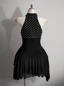 SHEIN ICON Plus Size Women's Polka Dot Print Cutout Design Ruffle Hem Sexy Halter Neck Dress - Black and White - View 9