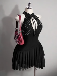 SHEIN ICON Plus Size Women's Polka Dot Print Cutout Design Ruffle Hem Sexy Halter Neck Dress - Black and White - View 3