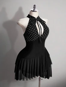 SHEIN ICON Plus Size Women's Polka Dot Print Cutout Design Ruffle Hem Sexy Halter Neck Dress - Black and White - View 5