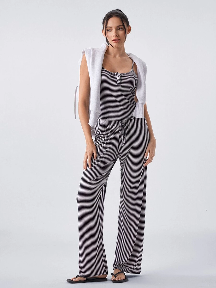 Loungeista Striped Soft Casual Camisole Loungewear Pajama Set - Navy Blue - View 1