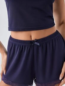 Loungeista 女士纯色撞色蕾丝蝴蝶结装饰吊带背心和短裤睡衣套装 - 藏蓝色 - 查看 6