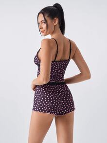 Loungeista 浪漫心形印花裝飾蕾絲邊修身女款睡衣套裝 - 黑色 - 查看 2
