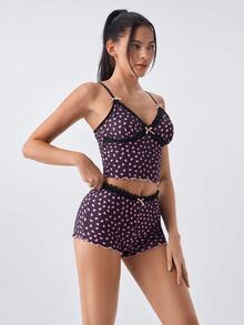 Loungeista 浪漫心形印花裝飾蕾絲邊修身女款睡衣套裝 - 黑色 - 查看 4