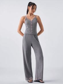 Loungeista 2 件套女士撞色装饰吊带背心和直筒裤睡衣套装两件套家居服女士休闲装 - 灰色 - 查看 3