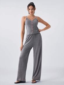 Loungeista 2 件套女士撞色装饰吊带背心和直筒裤睡衣套装两件套家居服女士休闲装 - 灰色 - 查看 5