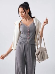 Loungeista 2 件套女士撞色装饰吊带背心和直筒裤睡衣套装两件套家居服女士休闲装 - 灰色 - 查看 7