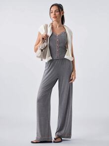 Loungeista 2 件套女士撞色装饰吊带背心和直筒裤睡衣套装两件套家居服女士休闲装 - 灰色 - 查看 1