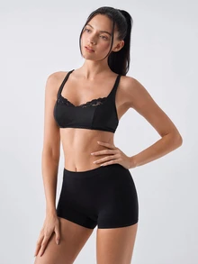 Loungeista Lullawish Women's Solid Color Romantic Lace Patchwork Wireless Bra - Black - View 3
