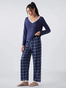 Loungeista Plaid Print V-Neck Contrast Lace Trim Long Sleeve Top & Pants Women Pajama Set Navy Blue Pajama Set Checkered Pajamas, Fall & Winter Clothes - Navy Blue - View 4