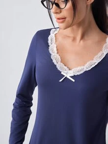Loungeista Plaid Print V-Neck Contrast Lace Trim Long Sleeve Top & Pants Women Pajama Set Navy Blue Pajama Set Checkered Pajamas, Fall & Winter Clothes - Navy Blue - View 8