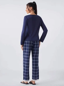 Loungeista Plaid Print V-Neck Contrast Lace Trim Long Sleeve Top & Pants Women Pajama Set Navy Blue Pajama Set Checkered Pajamas, Fall & Winter Clothes - Navy Blue - View 2