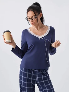 Loungeista Plaid Print V-Neck Contrast Lace Trim Long Sleeve Top & Pants Women Pajama Set Navy Blue Pajama Set Checkered Pajamas, Fall & Winter Clothes - Navy Blue - View 7