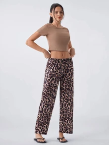 Loungeista Women's Sexy Leopard Print Short Sleeve & Long Pants Fitted PJS Leopard Pajamas Women Cute Lounge Set Leopard Pj Set Leopard Print PJS Coffee Pajamas - Multicolor - View 4