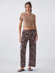 Loungeista Women's Sexy Leopard Print Short Sleeve & Long Pants Fitted PJS Leopard Pajamas Women Cute Lounge Set Leopard Pj Set Leopard Print PJS Coffee Pajamas - Multicolor - View 3
