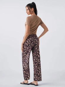 Loungeista Women's Sexy Leopard Print Short Sleeve & Long Pants Fitted PJS Leopard Pajamas Women Cute Lounge Set Leopard Pj Set Leopard Print PJS Coffee Pajamas - Multicolor - View 2