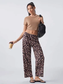 Loungeista Women's Sexy Leopard Print Short Sleeve & Long Pants Fitted PJS Leopard Pajamas Women Cute Lounge Set Leopard Pj Set Leopard Print PJS Coffee Pajamas - Multicolor - View 1