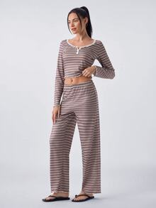Loungeista Women's Casual Striped Print Lace Trim Square Neck Button Front Long Sleeve PJS Brown PJS Striped PJS Women's Sleepwear Two Piece Lounge Set - Multicolor - View 3