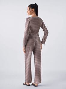 Loungeista Women's Casual Striped Print Lace Trim Square Neck Button Front Long Sleeve PJS Brown PJS Striped PJS Women's Sleepwear Two Piece Lounge Set - Multicolor - View 2