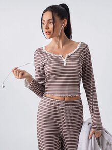 Loungeista Women's Casual Striped Print Lace Trim Square Neck Button Front Long Sleeve PJS Brown PJS Striped PJS Women's Sleepwear Two Piece Lounge Set - Multicolor - View 6