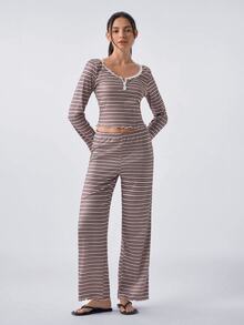 Loungeista Women's Casual Striped Print Lace Trim Square Neck Button Front Long Sleeve PJS Brown PJS Striped PJS Women's Sleepwear Two Piece Lounge Set - Multicolor - View 1