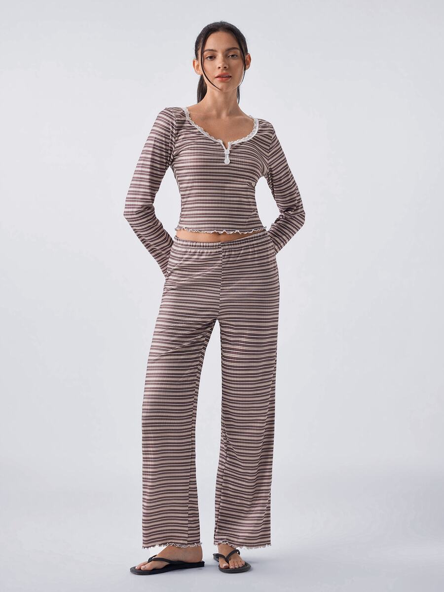 Loungeista Women's Casual Striped Print Lace Trim Square Neck Button Front Long Sleeve PJS Brown PJS Striped PJS Women's Sleepwear Two Piece Lounge Set - Multicolor - View 1