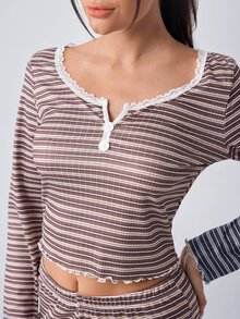 Loungeista Women's Casual Striped Print Lace Trim Square Neck Button Front Long Sleeve PJS Brown PJS Striped PJS Women's Sleepwear Two Piece Lounge Set - Multicolor - View 8