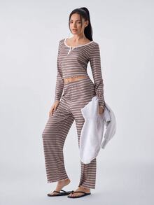 Loungeista Women's Casual Striped Print Lace Trim Square Neck Button Front Long Sleeve PJS Brown PJS Striped PJS Women's Sleepwear Two Piece Lounge Set - Multicolor - View 5