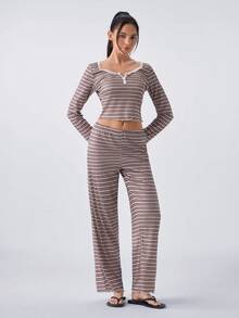 Loungeista Women's Casual Striped Print Lace Trim Square Neck Button Front Long Sleeve PJS Brown PJS Striped PJS Women's Sleepwear Two Piece Lounge Set - Multicolor - View 4