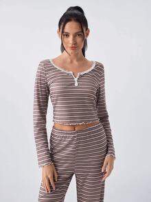 Loungeista Women's Casual Striped Print Lace Trim Square Neck Button Front Long Sleeve PJS Brown PJS Striped PJS Women's Sleepwear Two Piece Lounge Set - Multicolor - View 7