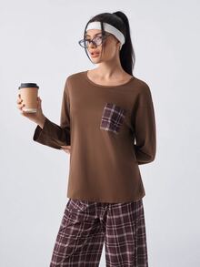 Loungeista Women's Casual Loose Plaid Print Round Neck Pajama Set - Coffee Brown - View 6