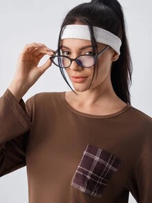 Loungeista Women's Casual Loose Plaid Print Round Neck Pajama Set - Coffee Brown - View 7